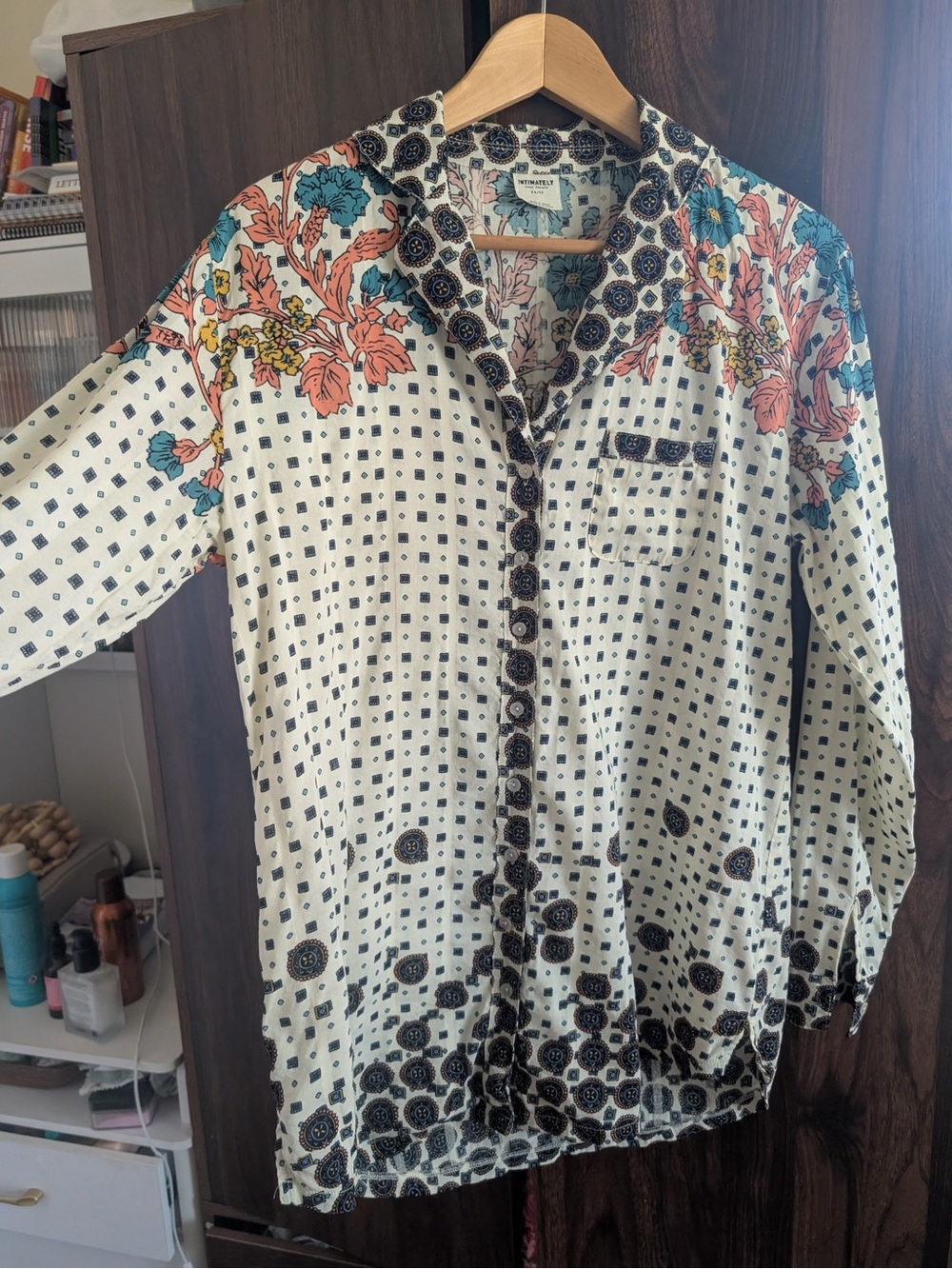 Printed Button-Up Blouse with Coral Floral Accents - Picture 2 of 5